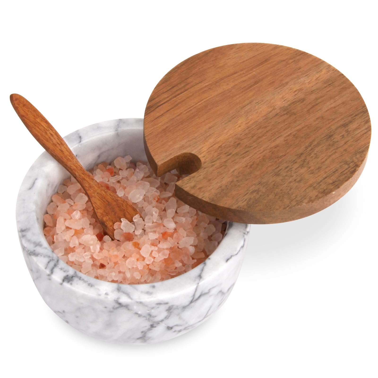Salzdose Marmor mit Holzdeckel und Löffel Salz- oder Pfefferstreuerschale aus Stein, Salzstreuer, Salzbehälter Gewürzbehälter, Behälter, Behälterhalter, Behälter für die Küche (Schwarze Schüssel)