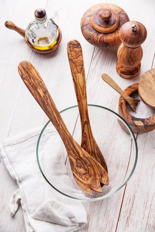 DAS OLIVENHOLZBRETT® 5er Set Pfannenwender, Kochlöffel, Löffel mit Ecke + Salatbesteck Olivenholz, 30cm, Holzlöffel Küchenutensilien Holz, Kochlöffel Holz, Kochlöffel Set