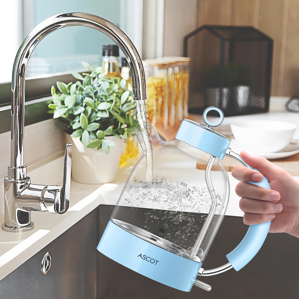 ASCOT Wasserkocher Glas, Elektrischer Wasserkocher Geschenke für Männer/Frauen/Familie 1,5L Schnellkochkessel, Trockengehschutz und automatische Abschaltung (Silber)