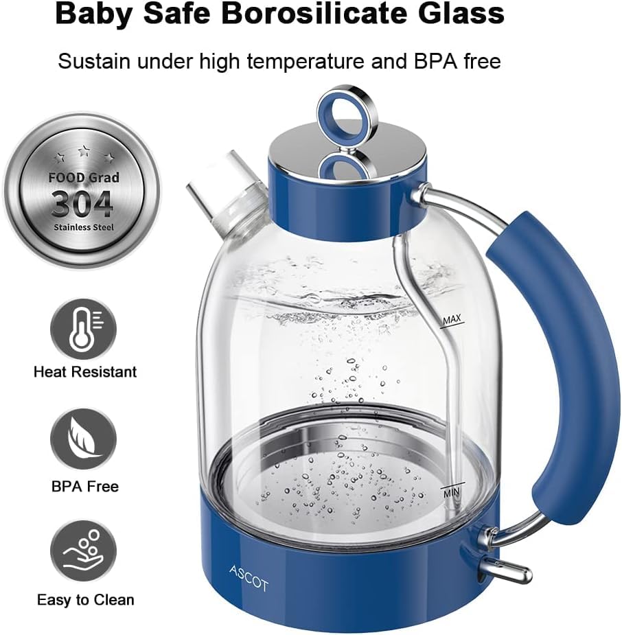 ASCOT Wasserkocher Glas, Elektrischer Wasserkocher Geschenke für Männer/Frauen/Familie 1,5L Schnellkochkessel, Trockengehschutz und automatische Abschaltung (Silber)