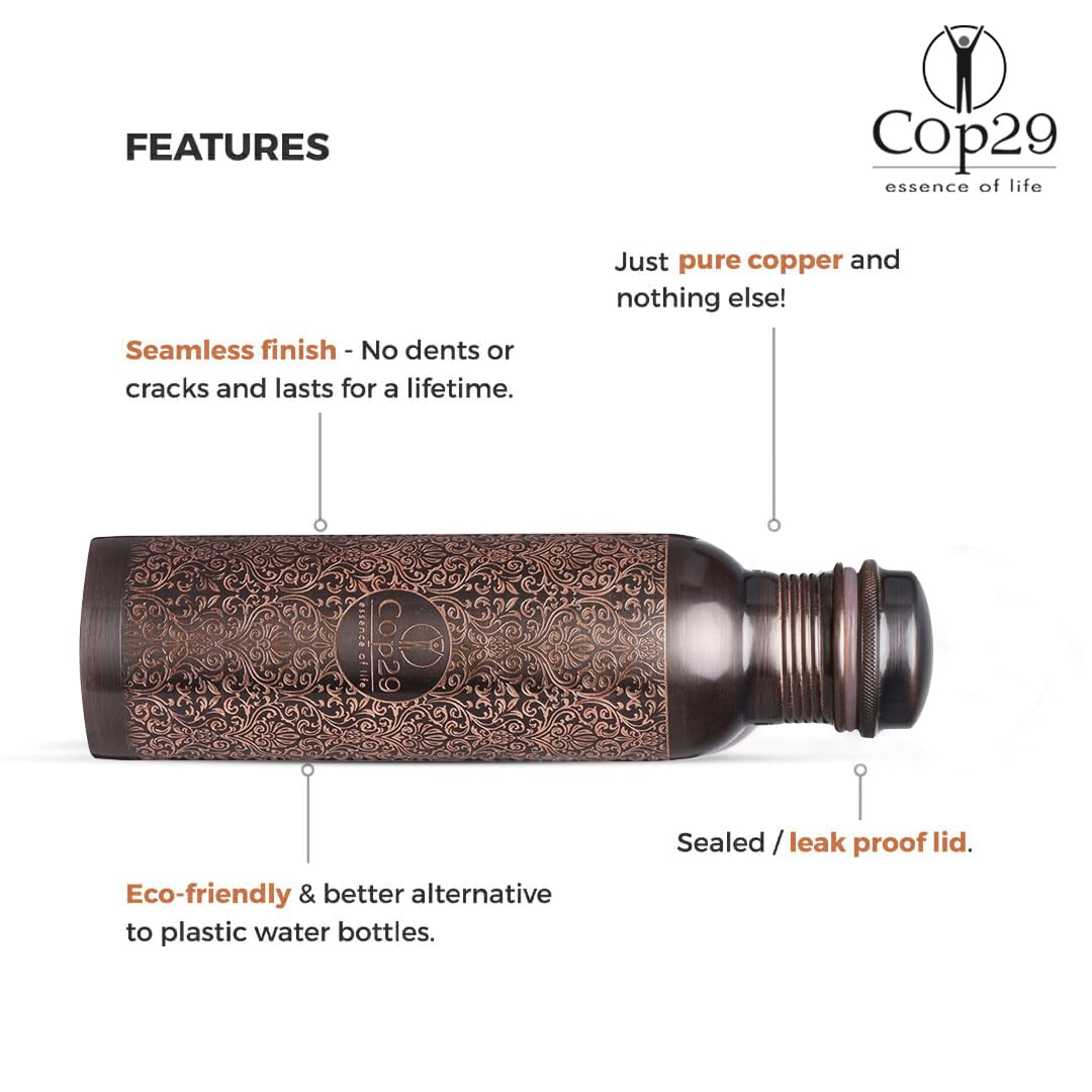 Cop29 handgefertigt graviert Premium Design reines Kupfer Tulpe antike Wasserflasche : Fugenfrei & Auslaufsicher -900ml/30oz