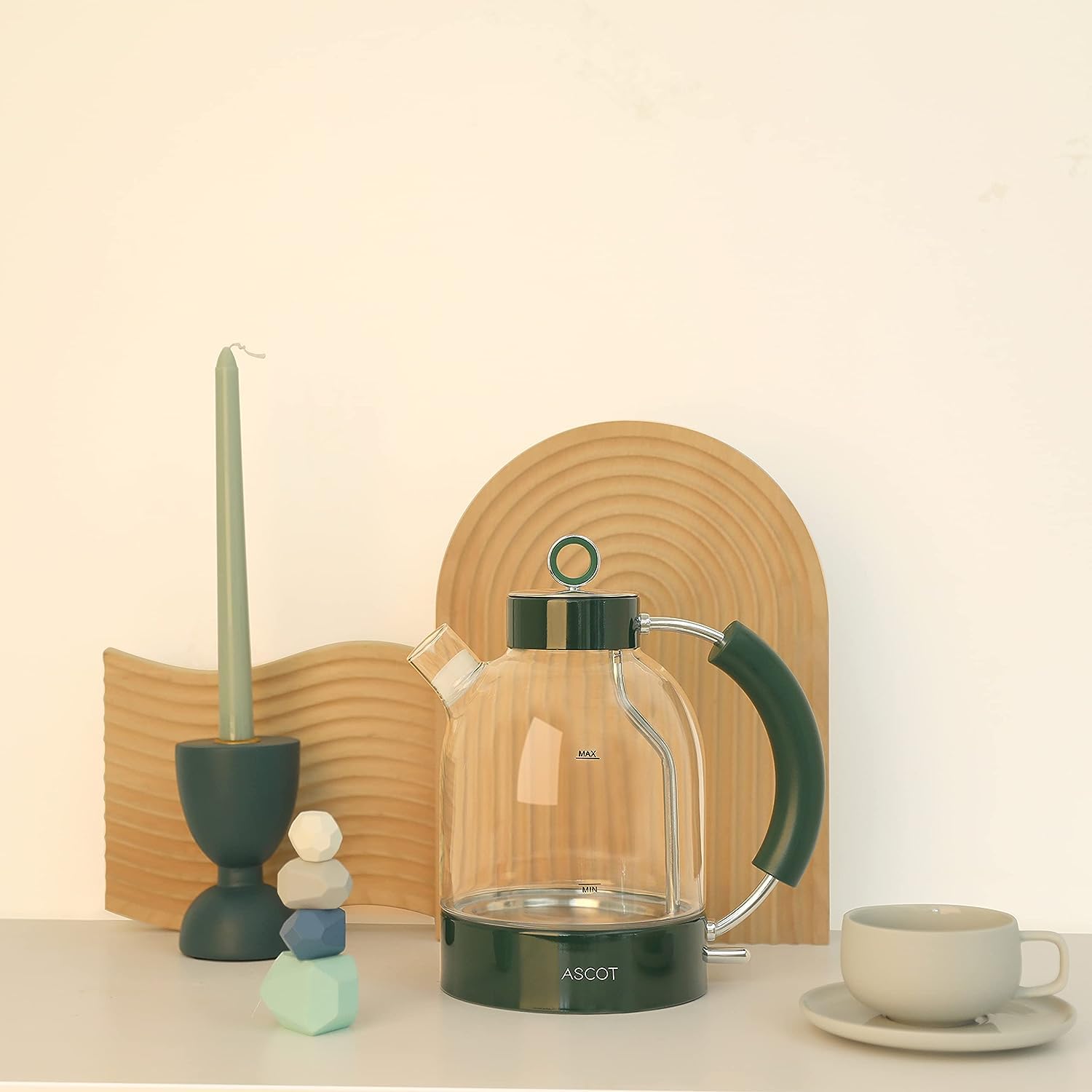 ASCOT Wasserkocher Glas, Elektrischer Wasserkocher Geschenke für Männer/Frauen/Familie 1,5L Schnellkochkessel, Trockengehschutz und automatische Abschaltung (Silber)