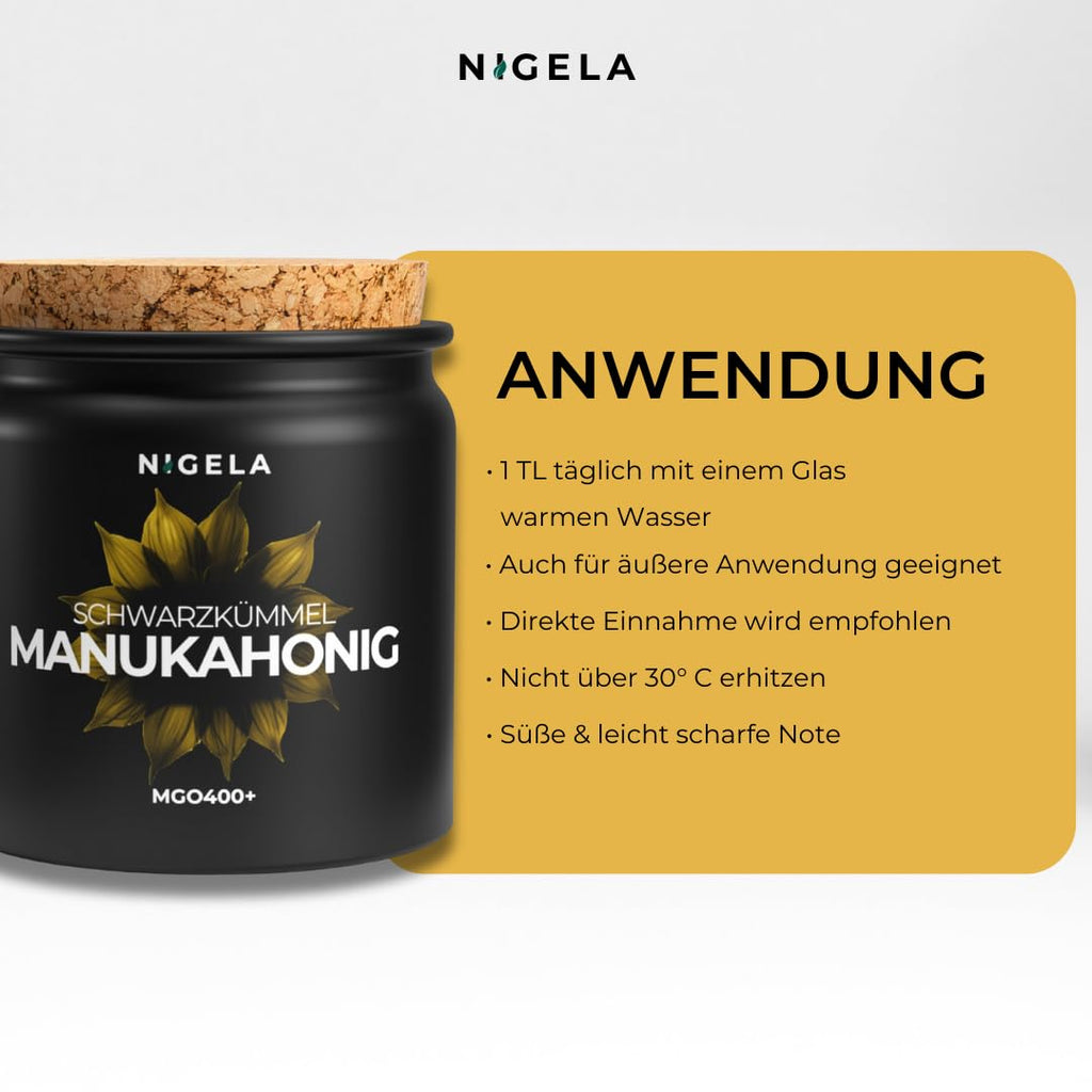 Nigela Manuka Honey MGO 400+ with Black Cumin Oil - Real Wound Healing Honey with High Thymoquinone Content - Certified & Laboratory Tested Manuka Honey from New Zealand - 160 g