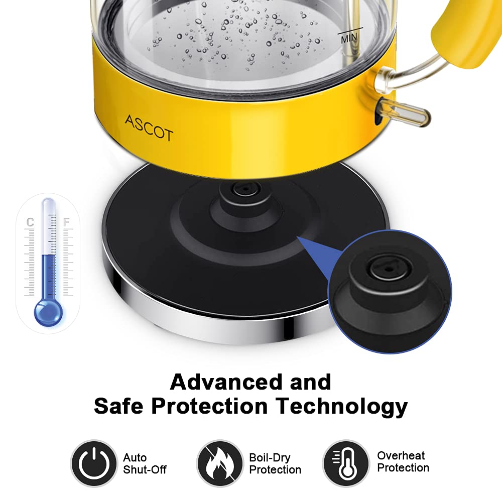 ASCOT Wasserkocher Glas, Elektrischer Wasserkocher Geschenke für Männer/Frauen/Familie 1,5L Schnellkochkessel, Trockengehschutz und automatische Abschaltung (Silber)