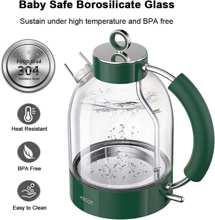 ASCOT Wasserkocher Glas, Elektrischer Wasserkocher Geschenke für Männer/Frauen/Familie 1,5L Schnellkochkessel, Trockengehschutz und automatische Abschaltung (Silber)