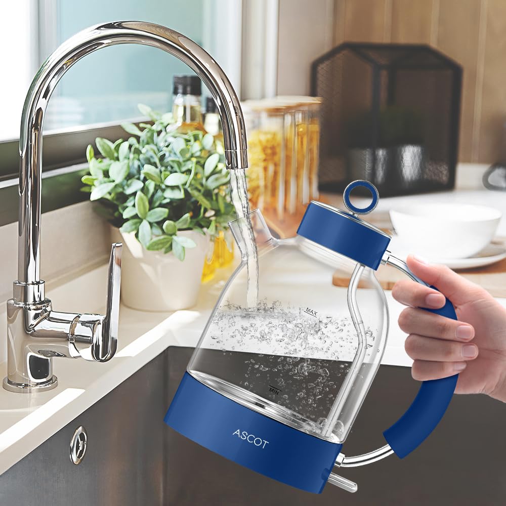 ASCOT Wasserkocher Glas, Elektrischer Wasserkocher Geschenke für Männer/Frauen/Familie 1,5L Schnellkochkessel, Trockengehschutz und automatische Abschaltung (Silber)