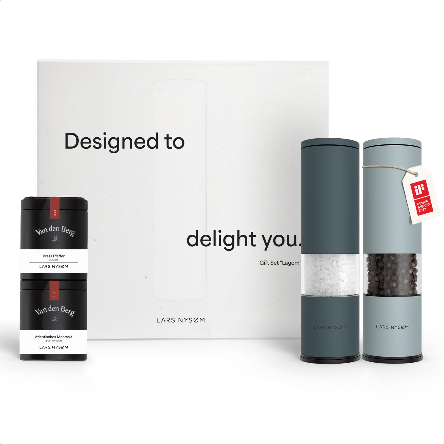 LARS NYSØM Salz und Pfeffermühle Set Manuell mit einstellbarem Keramikmahlwerk I Edelstahl Pfeffermühle und Salzmühle I Design Gewürzmühlen Set (2 Stück) (Carbon Black)