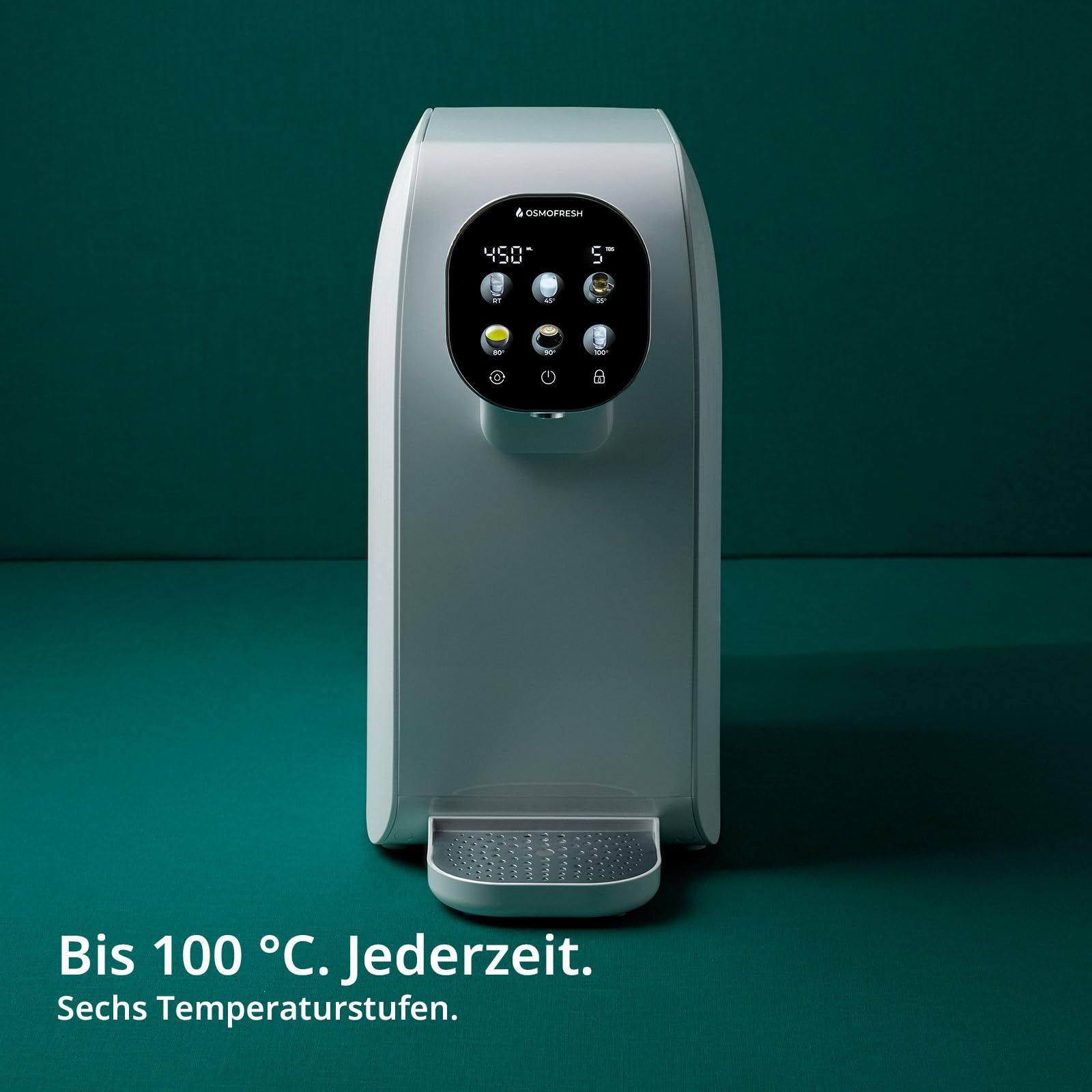 OsmoFresh Auftisch Osmoseanlage Quella Pro Black | mit Heißwasserspender | 6 Temperaturstufen | 7-Fach Umkehrosmose Filterung | Wasserfilter für Küche Büro Wohnmobil | kalkfreies Trinkwasser | UV