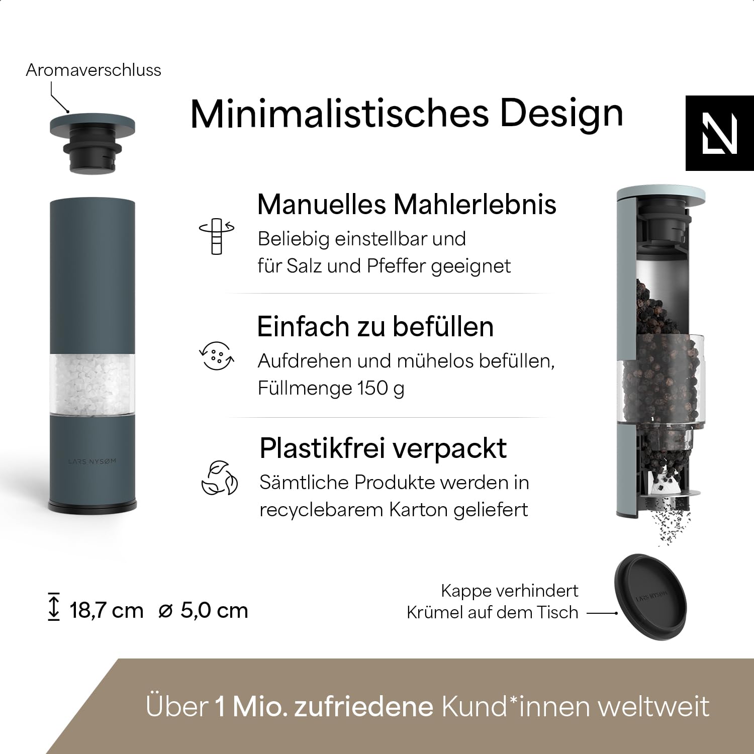 LARS NYSØM Salz und Pfeffermühle Set Manuell mit einstellbarem Keramikmahlwerk I Edelstahl Pfeffermühle und Salzmühle I Design Gewürzmühlen Set (2 Stück) (Carbon Black)