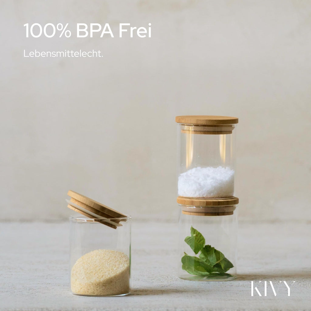 KIVY Vorratsgläser mit Deckel Luftdicht [4x 1200ml] - Vorratsdosen Glas mit Deckel - Glasbehälter mit Deckel - Müsli Aufbewahrung Küche - Vorratsglas mit Holzdeckel - Vorratsbehälter Glas Bambus