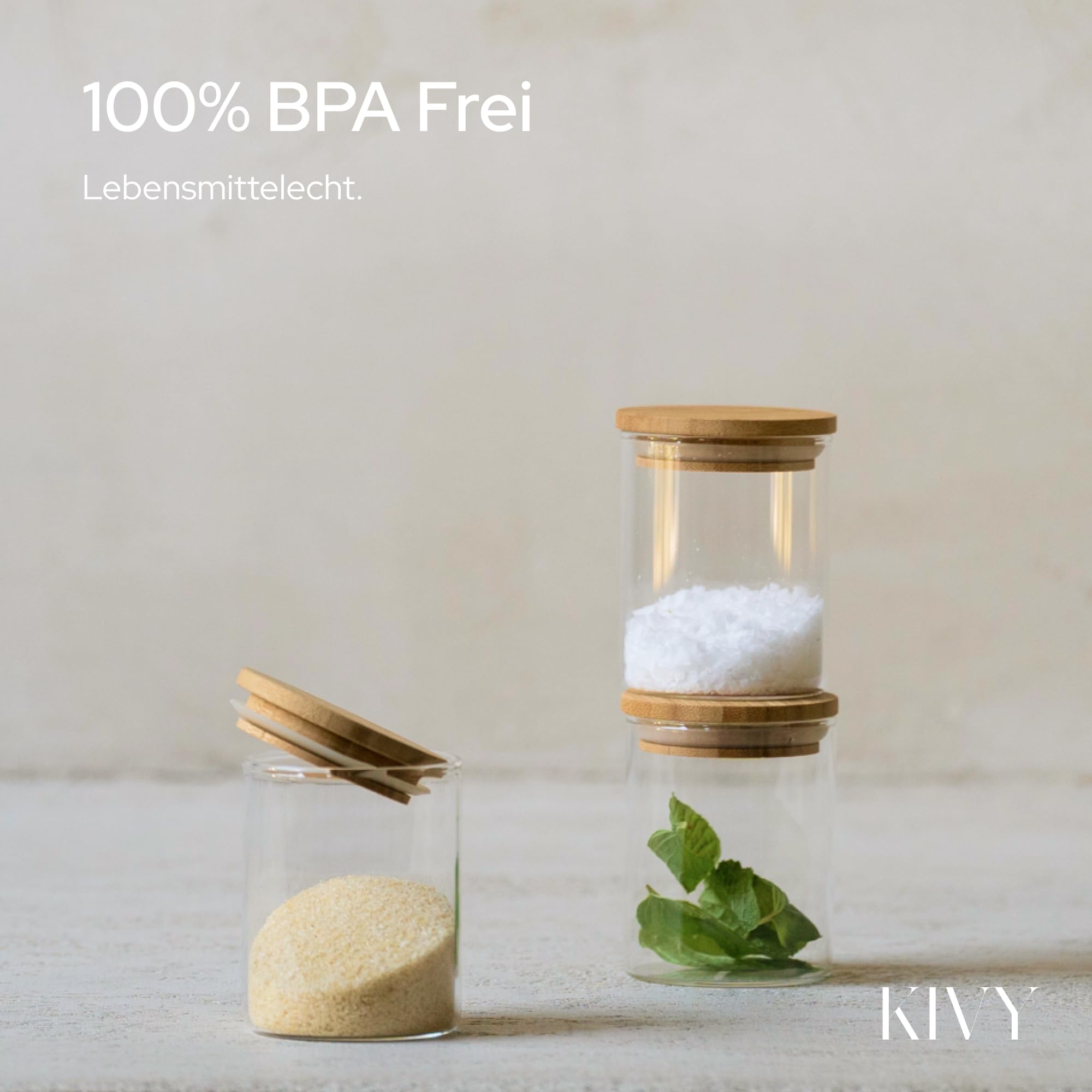 KIVY Vorratsgläser mit Deckel Luftdicht [4x 1200ml] - Vorratsdosen Glas mit Deckel - Glasbehälter mit Deckel - Müsli Aufbewahrung Küche - Vorratsglas mit Holzdeckel - Vorratsbehälter Glas Bambus