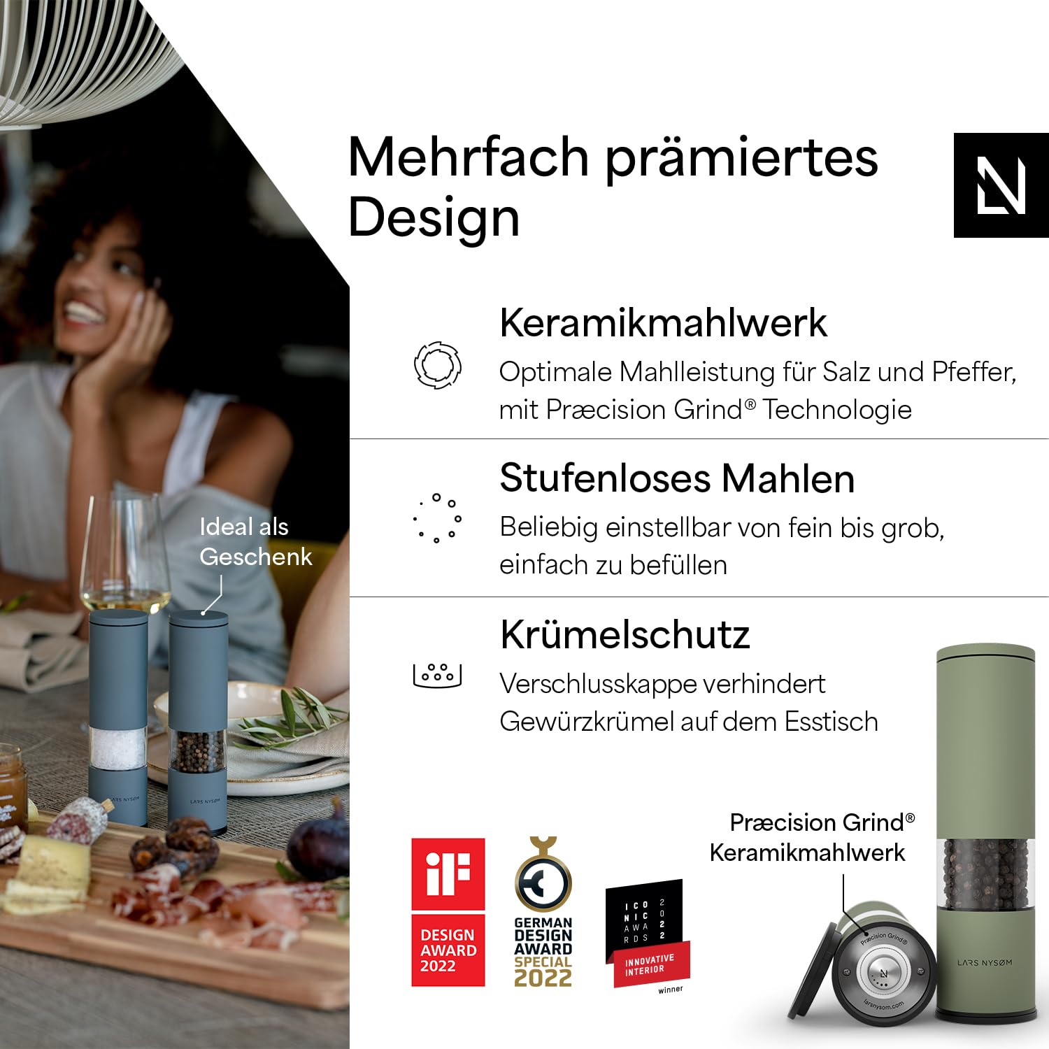 LARS NYSØM Salz und Pfeffermühle Set Manuell mit einstellbarem Keramikmahlwerk I Edelstahl Pfeffermühle und Salzmühle I Design Gewürzmühlen Set (2 Stück) (Carbon Black)