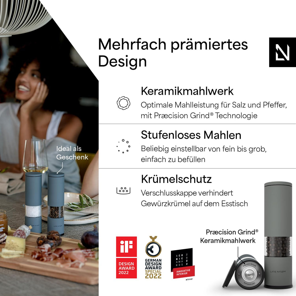 LARS NYSØM Salz und Pfeffermühle Set Manuell mit einstellbarem Keramikmahlwerk I Edelstahl Pfeffermühle und Salzmühle I Design Gewürzmühlen Set (2 Stück) (Carbon Black)