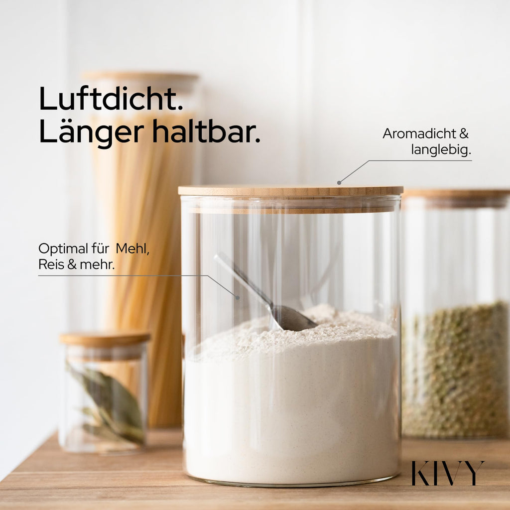 KIVY Vorratsgläser mit Deckel Luftdicht [4x 1200ml] - Vorratsdosen Glas mit Deckel - Glasbehälter mit Deckel - Müsli Aufbewahrung Küche - Vorratsglas mit Holzdeckel - Vorratsbehälter Glas Bambus