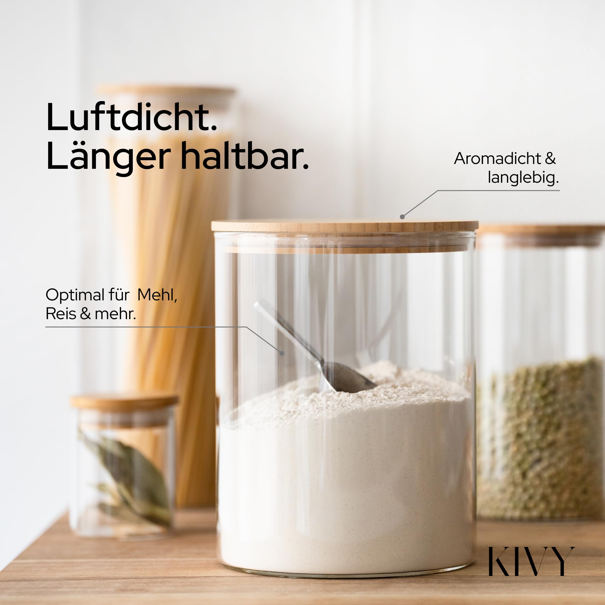 KIVY Vorratsgläser mit Deckel Luftdicht [4x 1200ml] - Vorratsdosen Glas mit Deckel - Glasbehälter mit Deckel - Müsli Aufbewahrung Küche - Vorratsglas mit Holzdeckel - Vorratsbehälter Glas Bambus