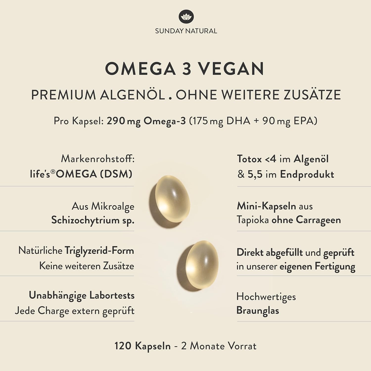 SUNDAY NATURAL® Omega 3 Vegan - 120 Softgel Kapseln - 1.000 mg Algenöl pro Tagesdosis: 350 mg DHA und 180 mg EPA - Leicht schluckbare Omega 3 Kapseln hochdosiert - Laborgeprüft