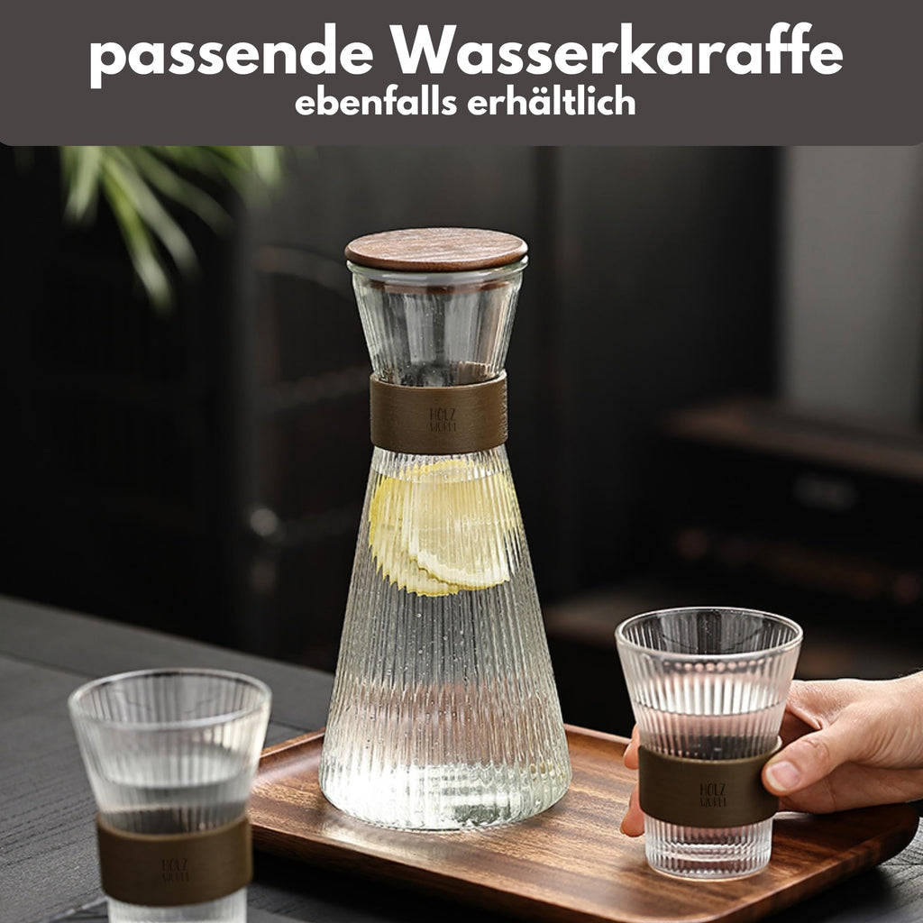 Holzwurm Glass Carafe 1 L - Ribbed Water Carafe with Walnut Wooden Coat, Elegant Water Carafe for Home and Office