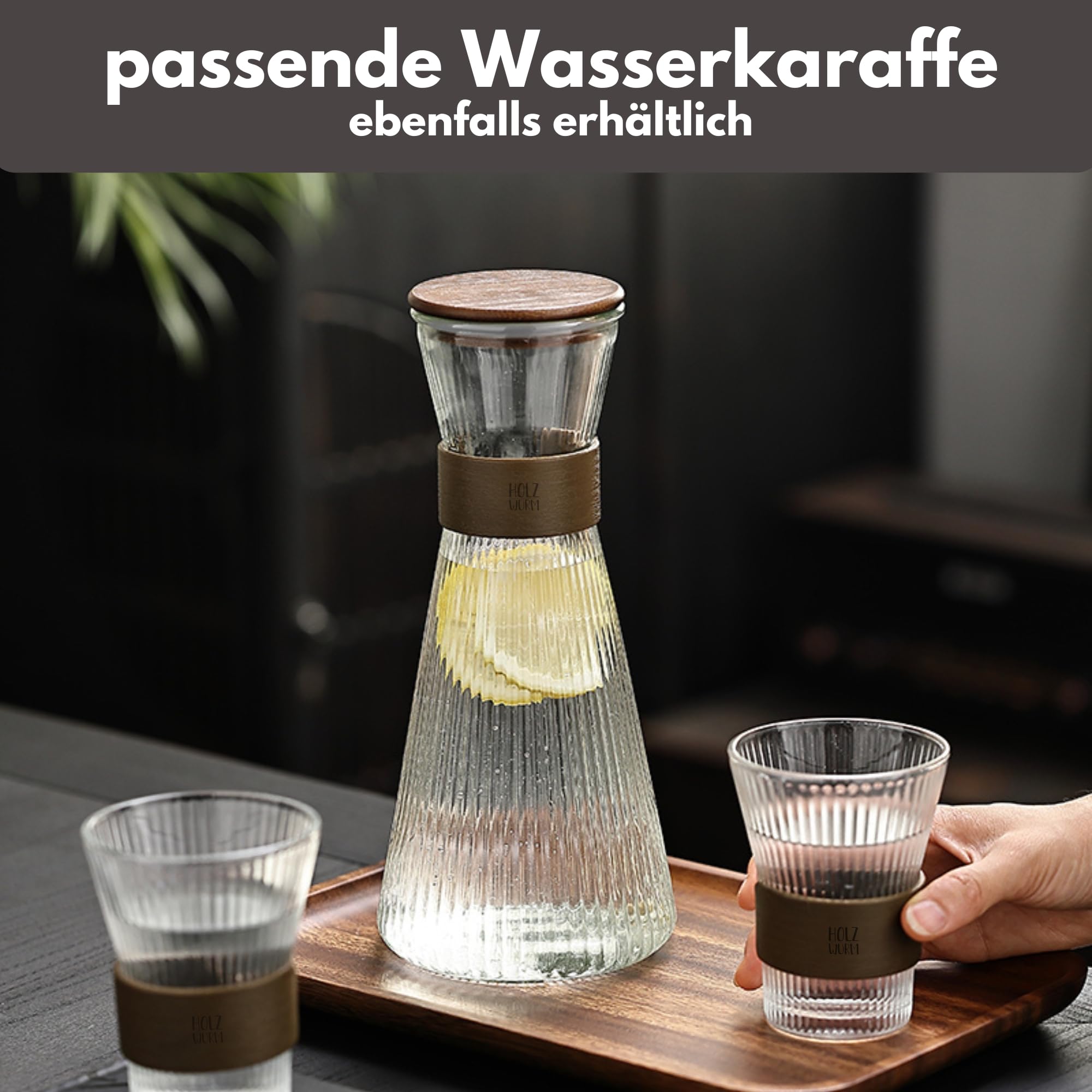 Holzwurm Glass Carafe 1 L - Ribbed Water Carafe with Walnut Wooden Coat, Elegant Water Carafe for Home and Office