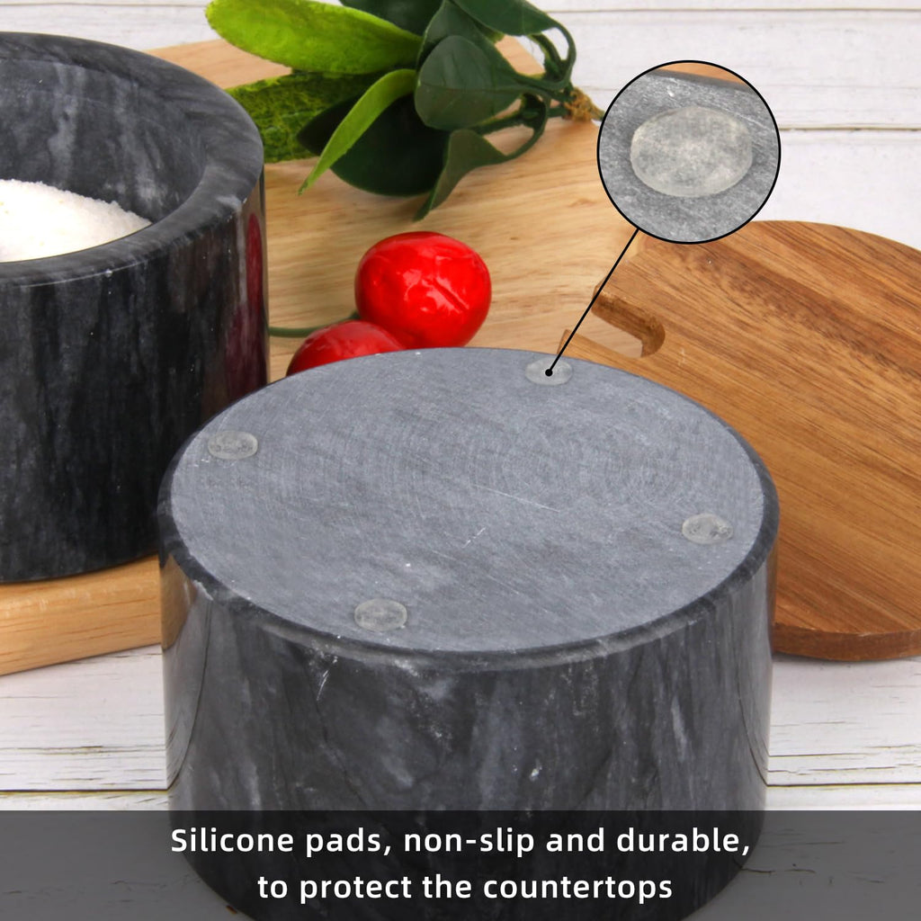 Salzdose Marmor mit Holzdeckel und Löffel Salz- oder Pfefferstreuerschale aus Stein, Salzstreuer, Salzbehälter Gewürzbehälter, Behälter, Behälterhalter, Behälter für die Küche (Schwarze Schüssel)