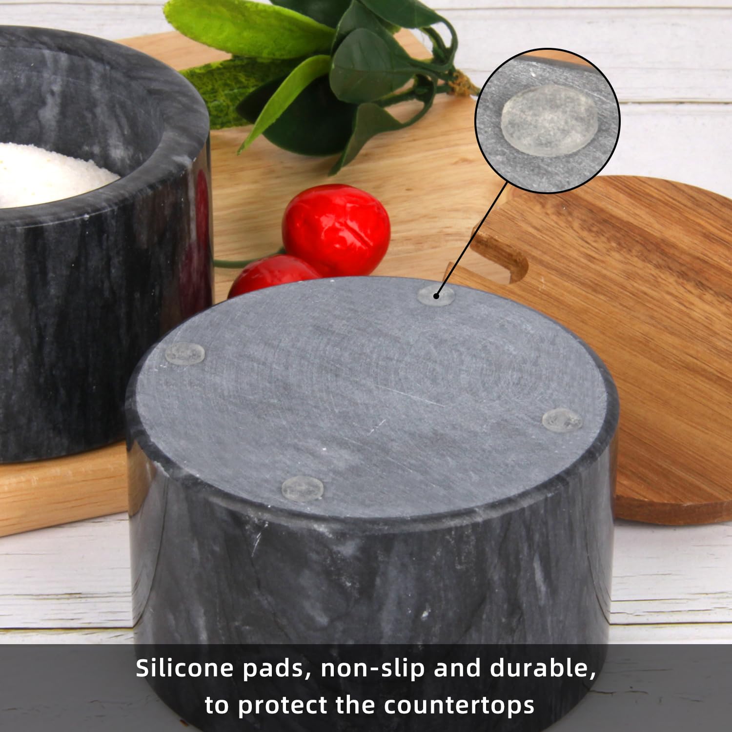 Salzdose Marmor mit Holzdeckel und Löffel Salz- oder Pfefferstreuerschale aus Stein, Salzstreuer, Salzbehälter Gewürzbehälter, Behälter, Behälterhalter, Behälter für die Küche (Schwarze Schüssel)