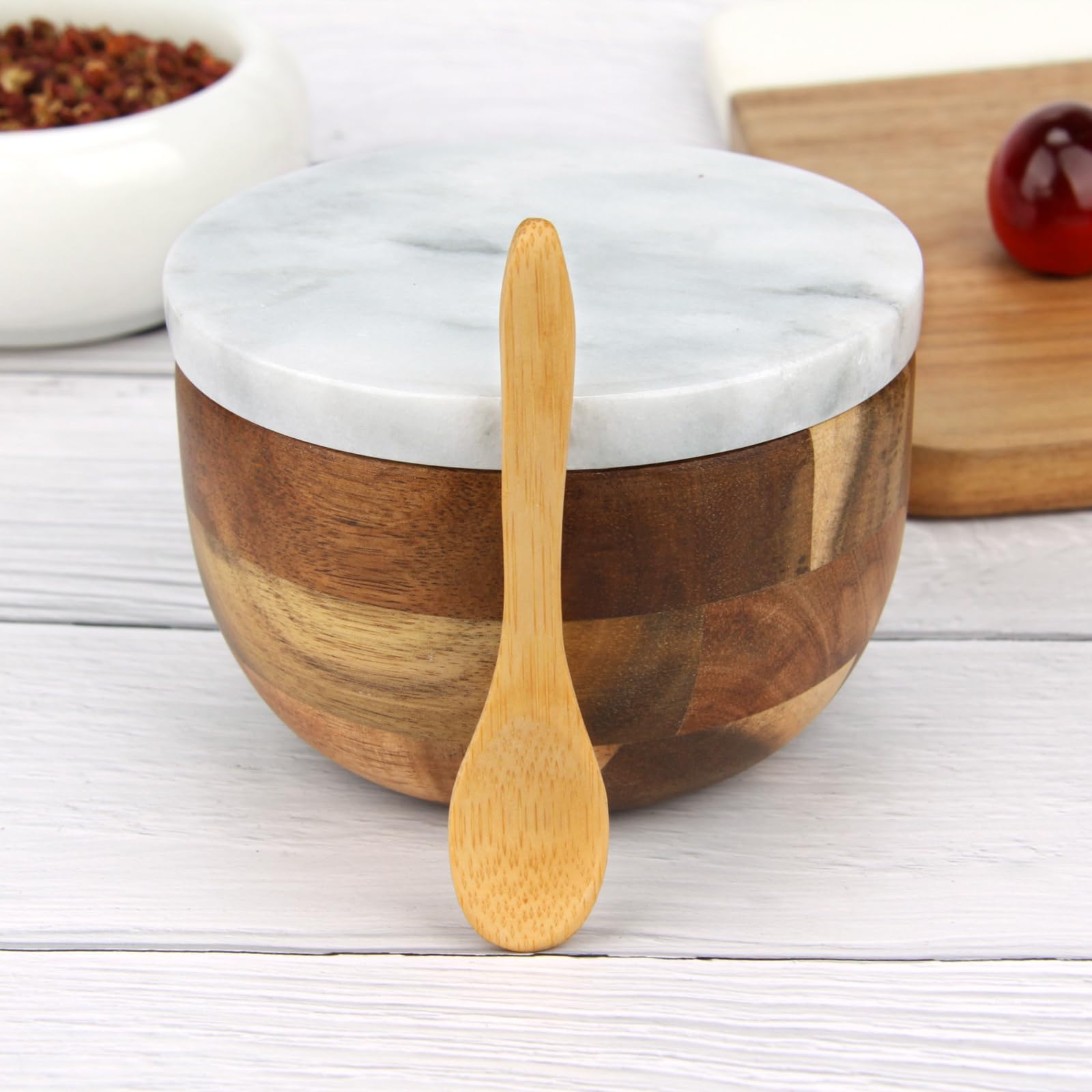 Salzdose Marmor mit Holzdeckel und Löffel Salz- oder Pfefferstreuerschale aus Stein, Salzstreuer, Salzbehälter Gewürzbehälter, Behälter, Behälterhalter, Behälter für die Küche (Schwarze Schüssel)