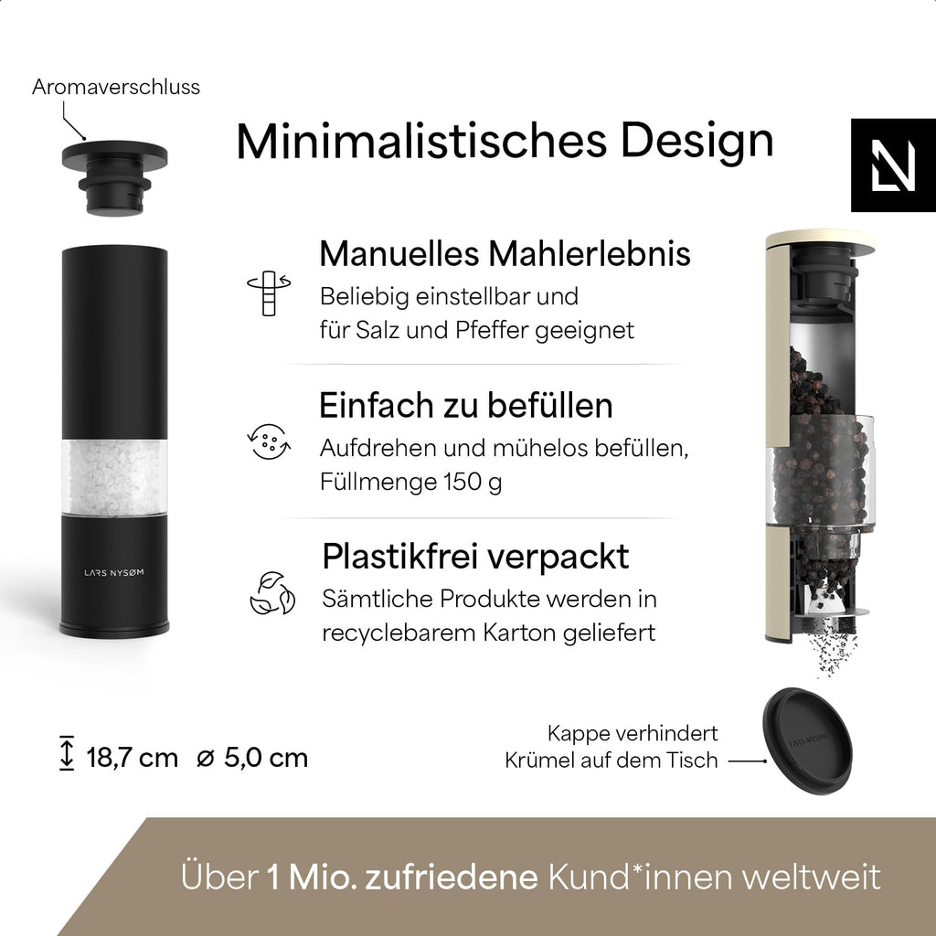 LARS NYSØM Salz und Pfeffermühle Set Manuell mit einstellbarem Keramikmahlwerk I Edelstahl Pfeffermühle und Salzmühle I Design Gewürzmühlen Set (2 Stück) (Carbon Black)