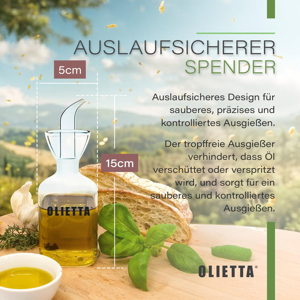 Olietta Ölflasche Tropf- und auslaufsichere aus Glas 500 ml Olivenöl Flasche mit Ausgießer - Ölspender zum Ausgießen & Träufeln - Leicht zu reinigen - Öl Dosierflasche