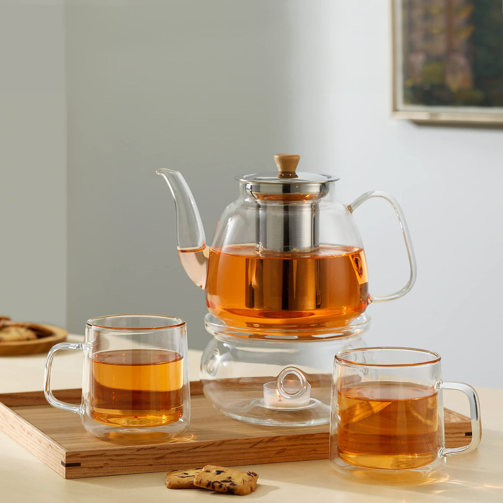 CNGLASS 1100ml/37.5oz Glas-Teekanne mit Infuser,Klarglas-Teekessel mit abnehmbarem Edelstahlsieb,Herdfeste Glas-Teekanne für blühenden und losen Blatttee