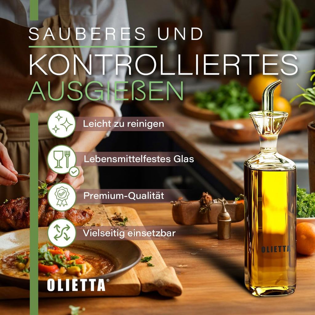 Olietta Ölflasche Tropf- und auslaufsichere aus Glas 500 ml Olivenöl Flasche mit Ausgießer - Ölspender zum Ausgießen & Träufeln - Leicht zu reinigen - Öl Dosierflasche