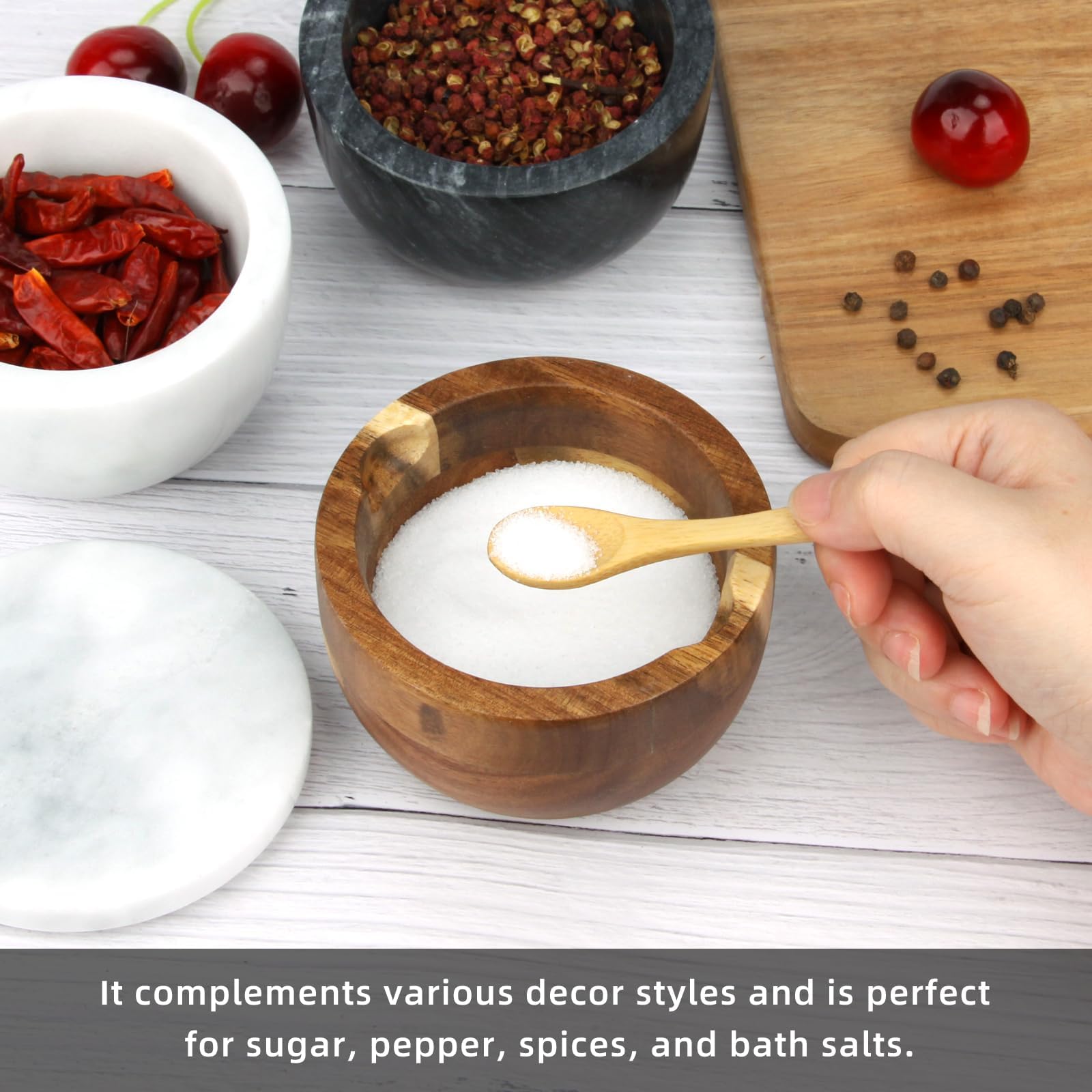 Salzdose Marmor mit Holzdeckel und Löffel Salz- oder Pfefferstreuerschale aus Stein, Salzstreuer, Salzbehälter Gewürzbehälter, Behälter, Behälterhalter, Behälter für die Küche (Schwarze Schüssel)