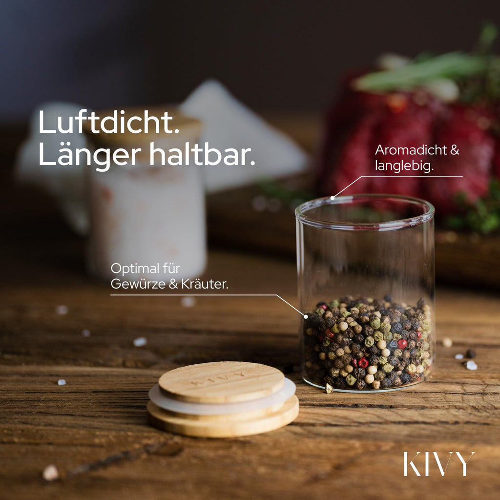 KIVY Vorratsgläser mit Deckel Luftdicht [4x 1200ml] - Vorratsdosen Glas mit Deckel - Glasbehälter mit Deckel - Müsli Aufbewahrung Küche - Vorratsglas mit Holzdeckel - Vorratsbehälter Glas Bambus