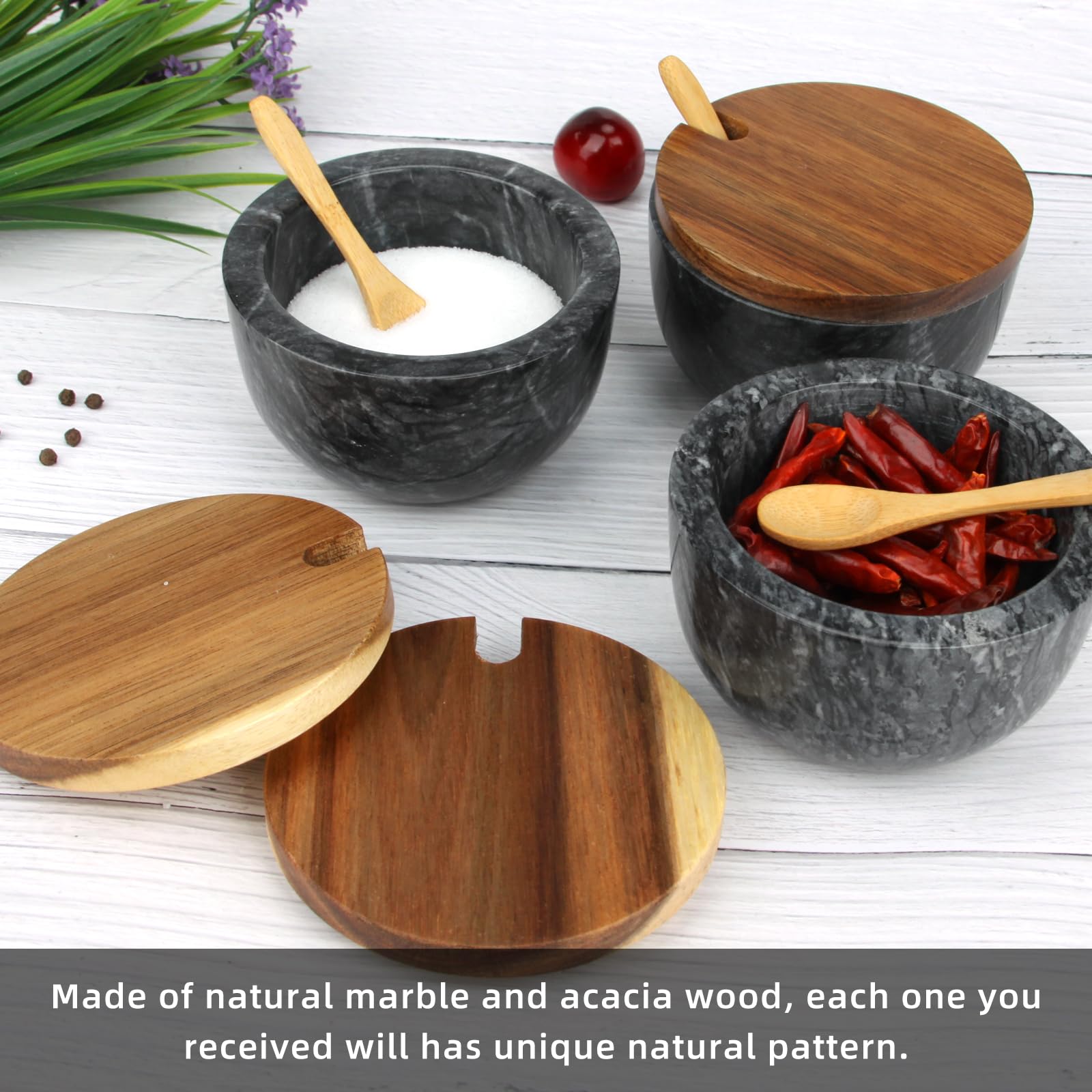 Salzdose Marmor mit Holzdeckel und Löffel Salz- oder Pfefferstreuerschale aus Stein, Salzstreuer, Salzbehälter Gewürzbehälter, Behälter, Behälterhalter, Behälter für die Küche (Schwarze Schüssel)