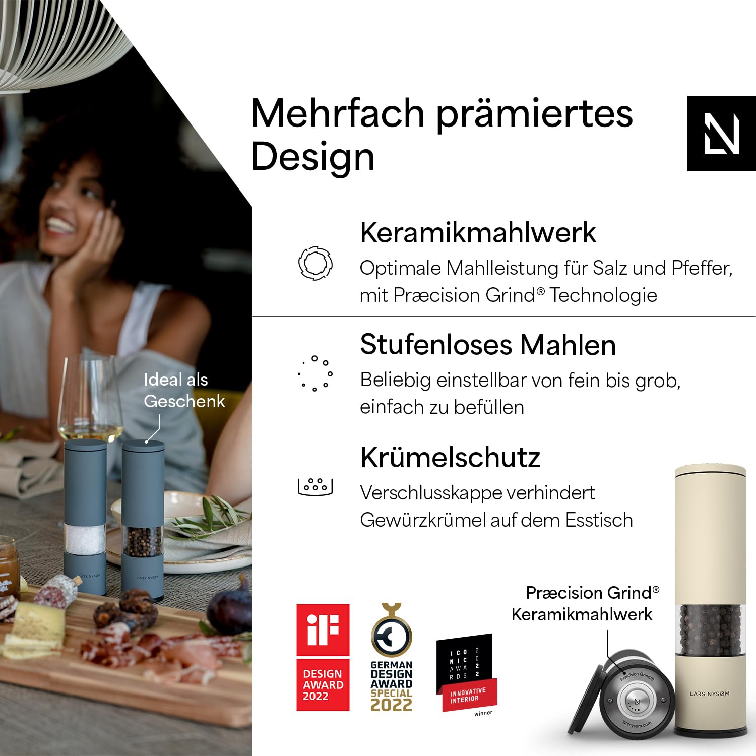 LARS NYSØM Salz und Pfeffermühle Set Manuell mit einstellbarem Keramikmahlwerk I Edelstahl Pfeffermühle und Salzmühle I Design Gewürzmühlen Set (2 Stück) (Carbon Black)