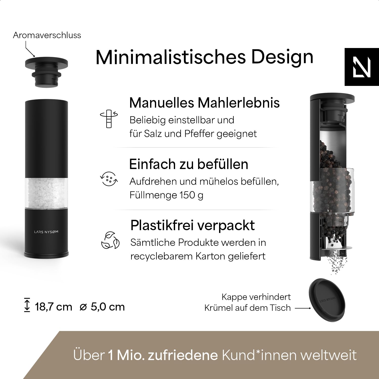 LARS NYSØM Salz und Pfeffermühle Set Manuell mit einstellbarem Keramikmahlwerk I Edelstahl Pfeffermühle und Salzmühle I Design Gewürzmühlen Set (2 Stück) (Carbon Black)
