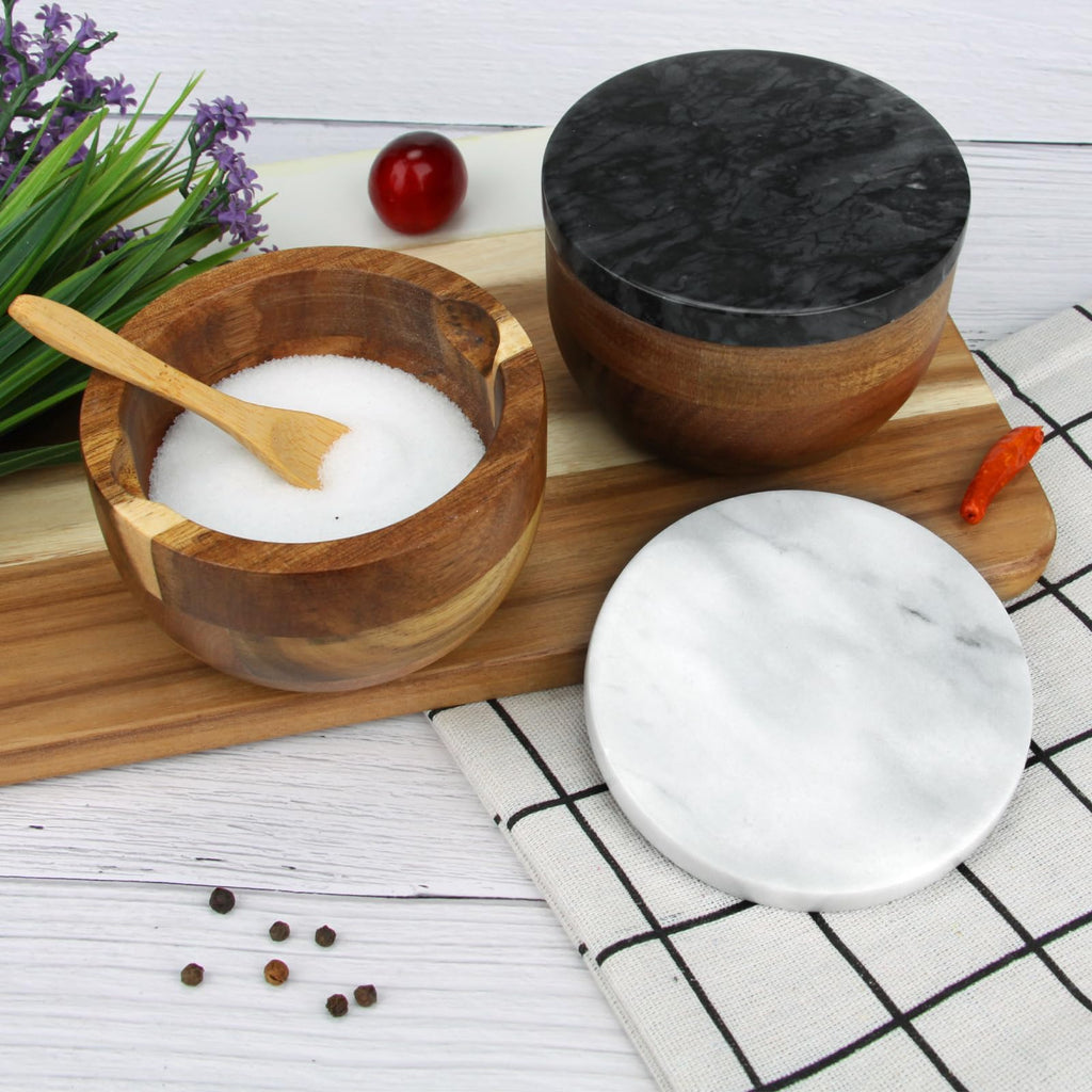 Salzdose Marmor mit Holzdeckel und Löffel Salz- oder Pfefferstreuerschale aus Stein, Salzstreuer, Salzbehälter Gewürzbehälter, Behälter, Behälterhalter, Behälter für die Küche (Schwarze Schüssel)