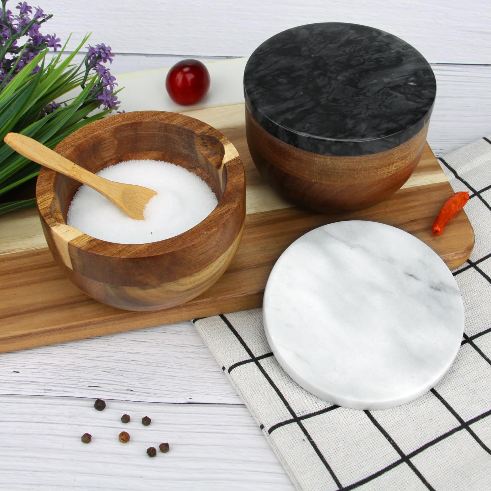Salzdose Marmor mit Holzdeckel und Löffel Salz- oder Pfefferstreuerschale aus Stein, Salzstreuer, Salzbehälter Gewürzbehälter, Behälter, Behälterhalter, Behälter für die Küche (Schwarze Schüssel)