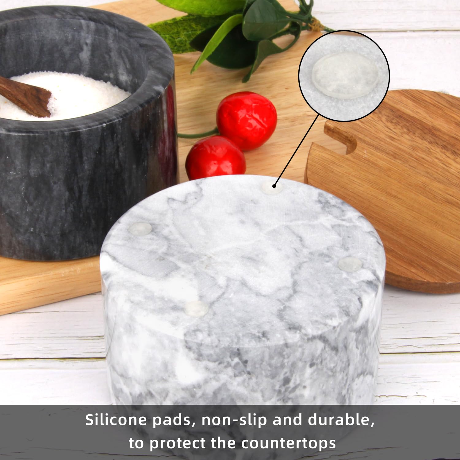 Salzdose Marmor mit Holzdeckel und Löffel Salz- oder Pfefferstreuerschale aus Stein, Salzstreuer, Salzbehälter Gewürzbehälter, Behälter, Behälterhalter, Behälter für die Küche (Schwarze Schüssel)