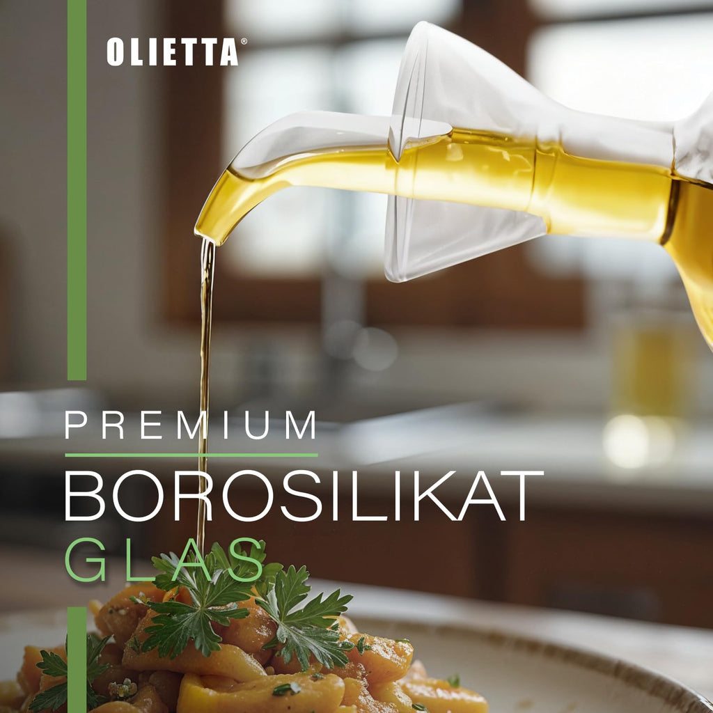 Olietta Ölflasche Tropf- und auslaufsichere aus Glas 500 ml Olivenöl Flasche mit Ausgießer - Ölspender zum Ausgießen & Träufeln - Leicht zu reinigen - Öl Dosierflasche