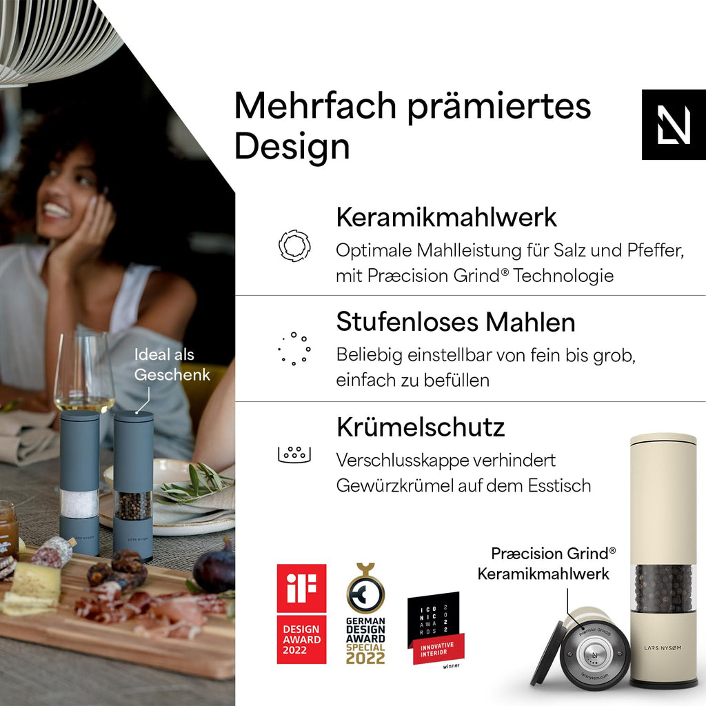 LARS NYSØM Salz und Pfeffermühle Set Manuell mit einstellbarem Keramikmahlwerk I Edelstahl Pfeffermühle und Salzmühle I Design Gewürzmühlen Set (2 Stück) (Carbon Black)