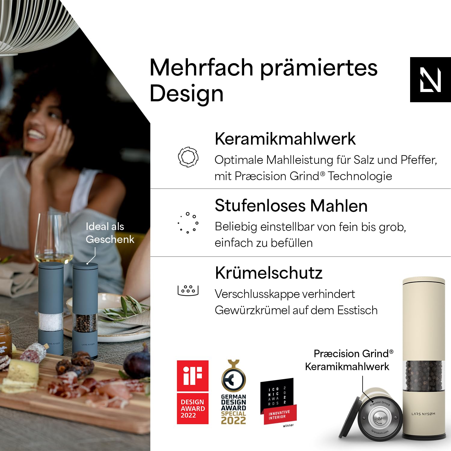 LARS NYSØM Salz und Pfeffermühle Set Manuell mit einstellbarem Keramikmahlwerk I Edelstahl Pfeffermühle und Salzmühle I Design Gewürzmühlen Set (2 Stück) (Carbon Black)