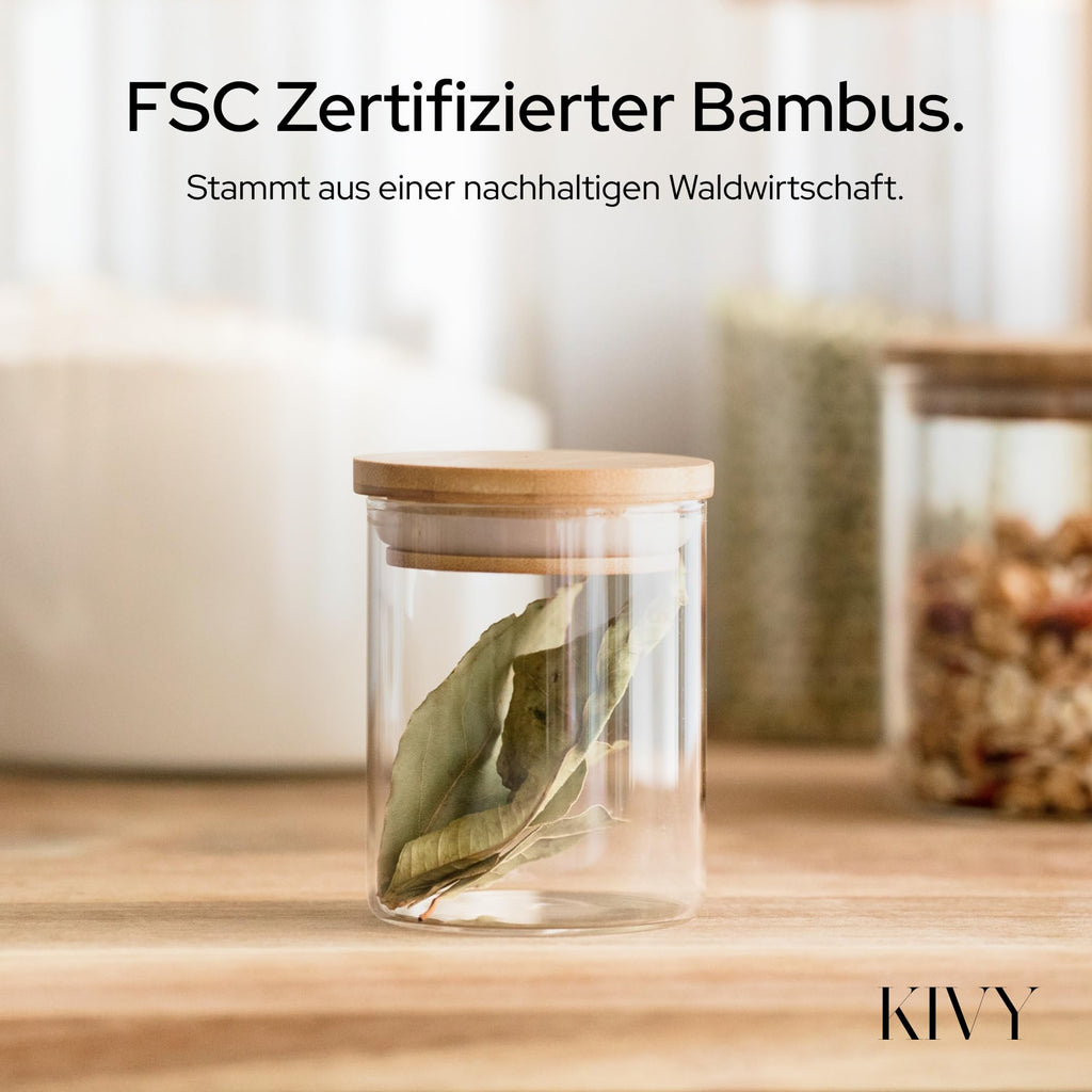 KIVY Vorratsgläser mit Deckel Luftdicht [4x 1200ml] - Vorratsdosen Glas mit Deckel - Glasbehälter mit Deckel - Müsli Aufbewahrung Küche - Vorratsglas mit Holzdeckel - Vorratsbehälter Glas Bambus