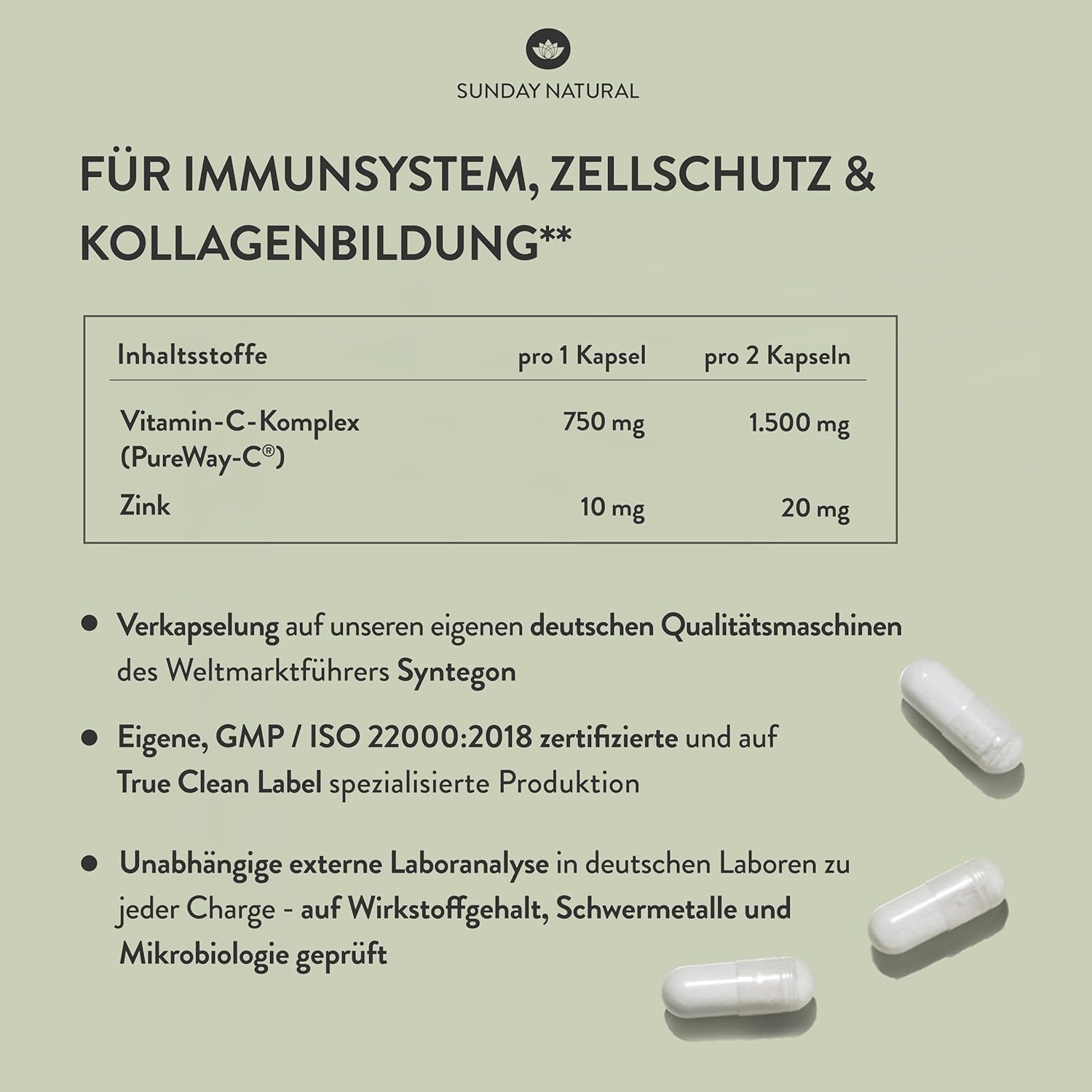 SUNDAY NATURAL Vitamin C and Zinc High Dose - 240 Capsules - 1500 mg Vitamin C & 20 mg Zinc per Daily Dose - PureWay-C & Bioavailable Zinc Bisglycinate - Laboratory Tested, Vegan, No Other Additives