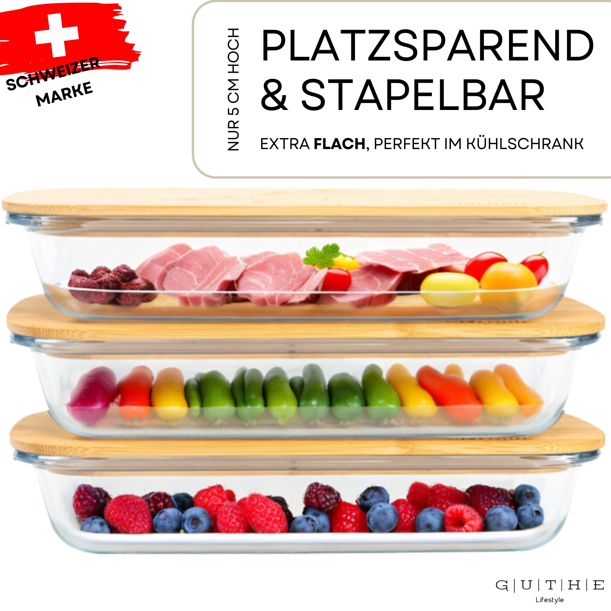 GUTHE Lifestyle Set of 3 Food Storage Boxes for Fridge Glass, Stackable Food Storage Containers with Wooden Lid, Casserole Dish Set, Sausage and Cheese Storage