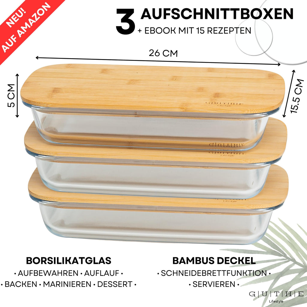 GUTHE Lifestyle Set of 3 Food Storage Boxes for Fridge Glass, Stackable Food Storage Containers with Wooden Lid, Casserole Dish Set, Sausage and Cheese Storage