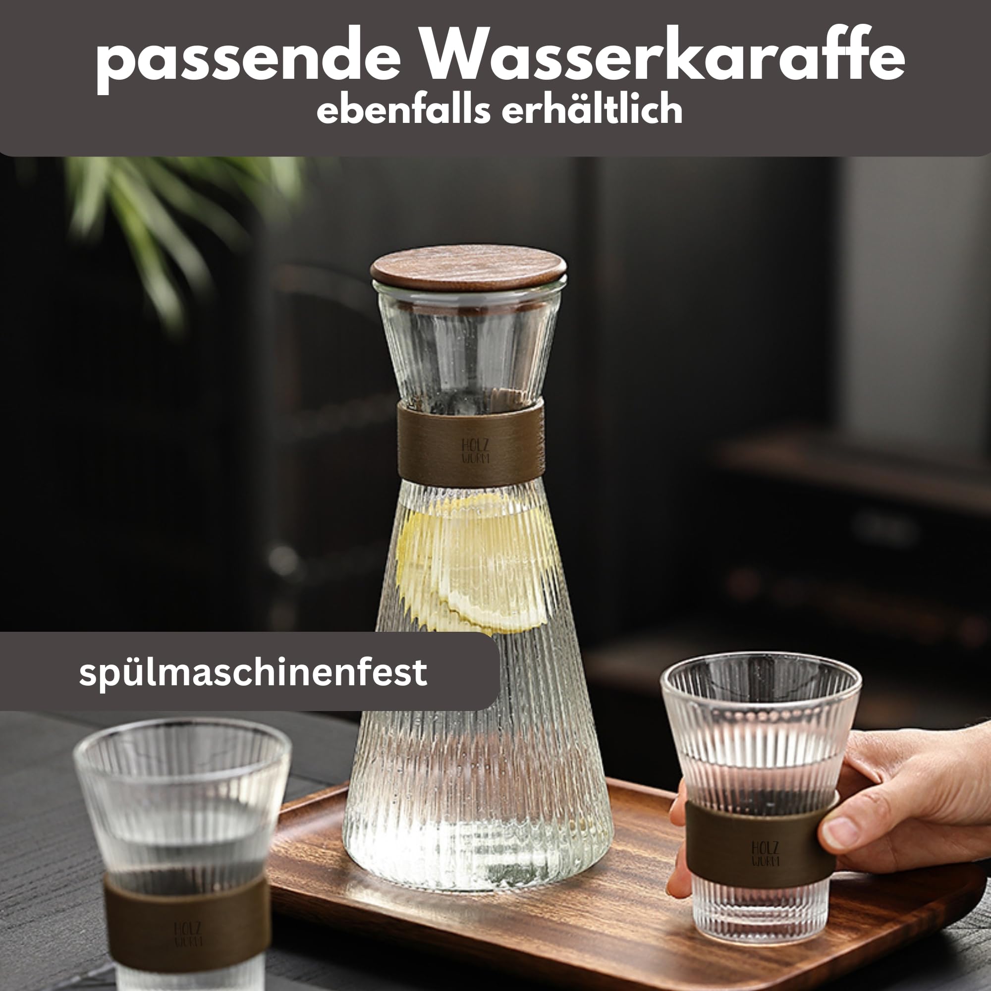 Holzwurm Glass Carafe 1 L - Ribbed Water Carafe with Walnut Wooden Coat, Elegant Water Carafe for Home and Office