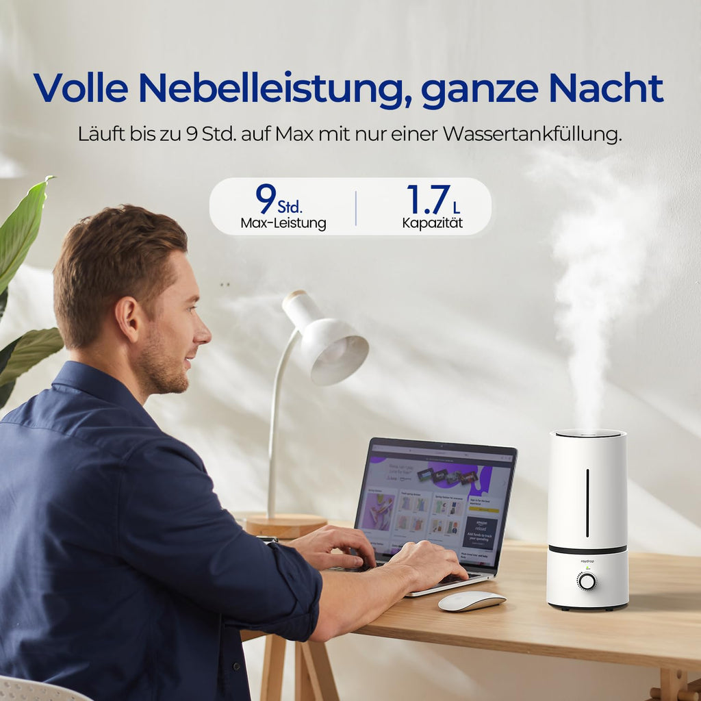 raydrop Humidifier for Bedroom & Children's Room, 1.7 L Quiet & Space-Saving Ultrasonic Room Humidifier for Baby & Plants, Easy to Use & Easy to Clean, Automatic Shut-Off