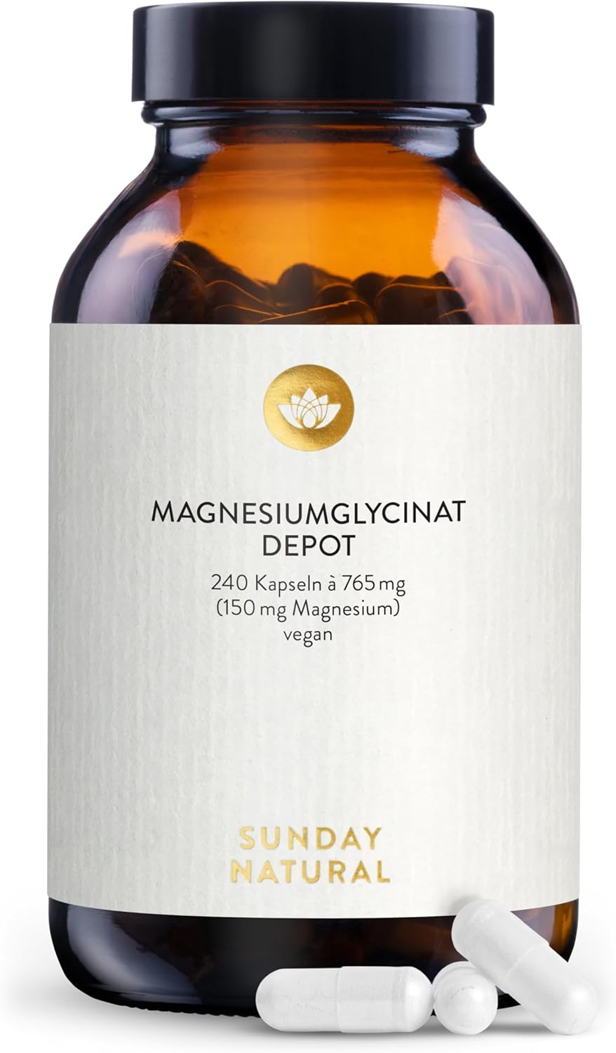 SUNDAY NATURAL® Magnesium Bisglycinat - 240 Kapseln - 300mg reines Magnesium pro Tagesdosis, Hochdosiert - Depot Magnesiumglycinat als organisches Aminosäurechelat - Laborgeprüft, vegan