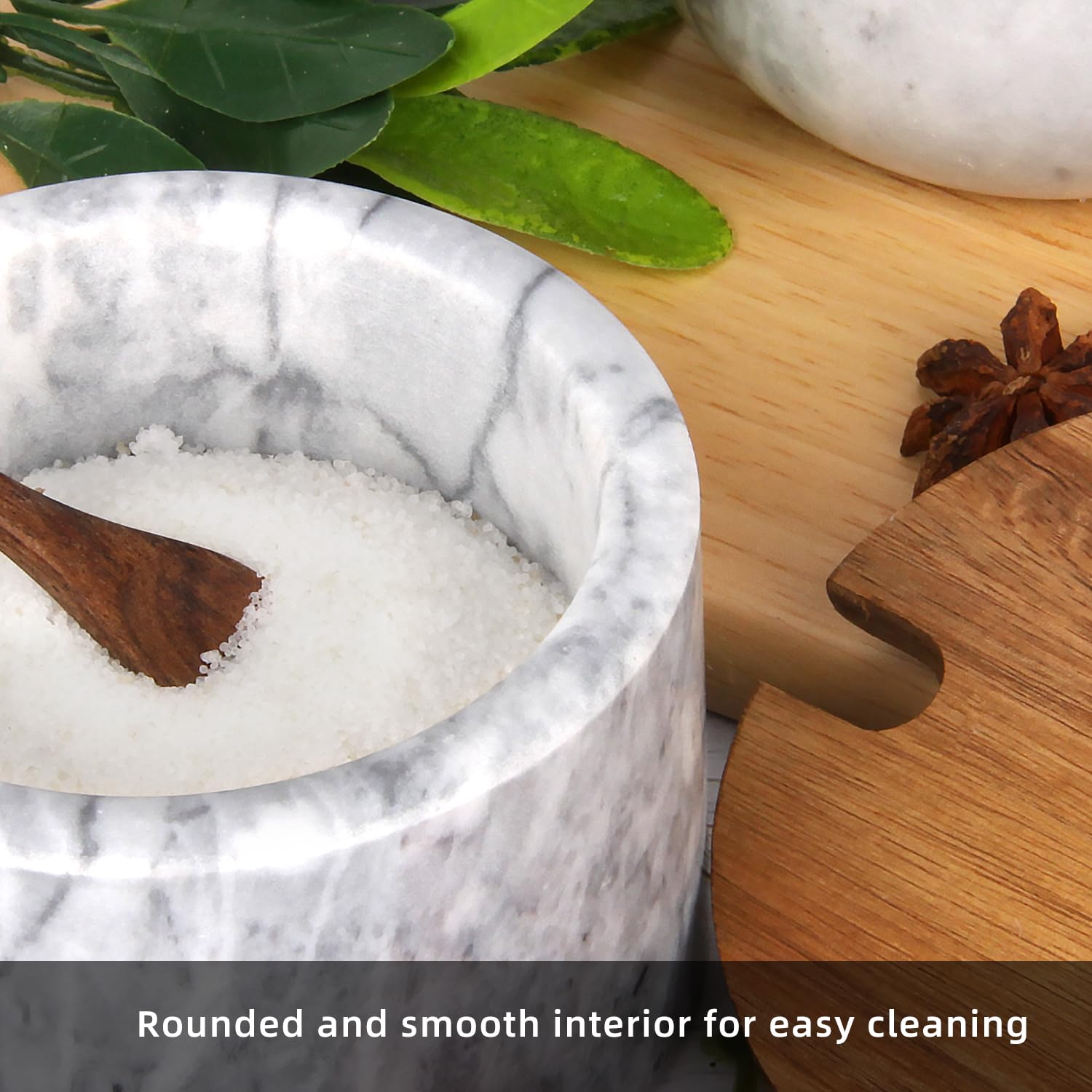 Salzdose Marmor mit Holzdeckel und Löffel Salz- oder Pfefferstreuerschale aus Stein, Salzstreuer, Salzbehälter Gewürzbehälter, Behälter, Behälterhalter, Behälter für die Küche (Schwarze Schüssel)