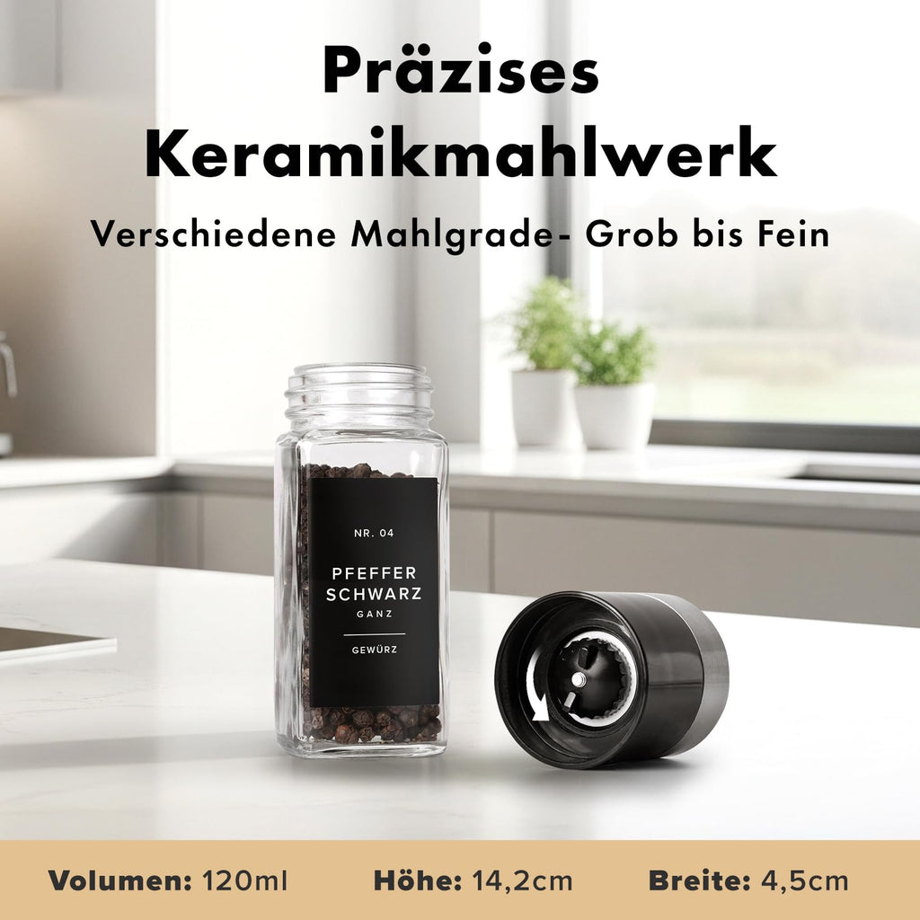 Square Spice Jars Set with Bamboo Lid (24 x 120 ml) Spice Shaker with Shaker Insert and 240 Labels White - Wooden Lid Spice Containers, Spice Jars, Spice Organiser [11 cm x 4.5 cm]