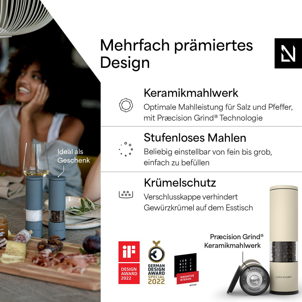 LARS NYSØM Salz und Pfeffermühle Set Manuell mit einstellbarem Keramikmahlwerk I Edelstahl Pfeffermühle und Salzmühle I Design Gewürzmühlen Set (2 Stück) (Carbon Black)